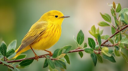  A yellow bird perched on a green-leafed tree branch, surrounded by green foliage and a hazy backdrop