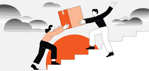 Creative Teamwork and Collaboration Concept, People Playing with Geometric Shapes in Abstract Illustration 
