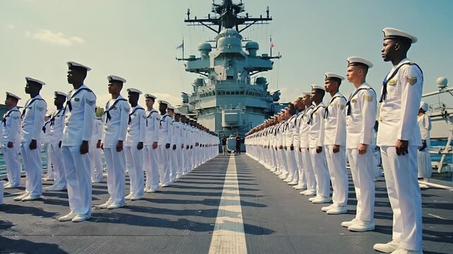 Navy Sailors in formation on a warship deck