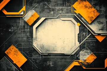 Grunge metallic panel with orange accents and circuit lines  Detailed geometric shapes and a textured gray background