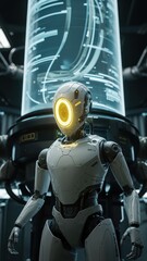 Fototapeta premium Robot with single yellow eye and circuitry in dark futuristic setting