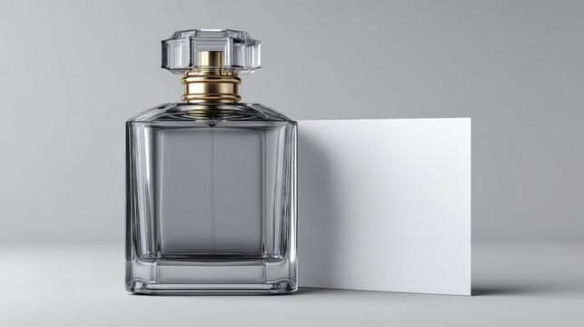Elegant glass perfume bottle with blank card on gray background