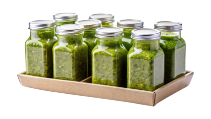 Ten Jars of Homemade Green Pesto in a Cardboard Gift Box