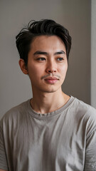 Obraz premium Asian man, light skin tone, casual pose, studio shot, neutral expression, wearing a gray t-shirt. 
