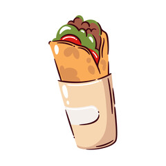 Burrito wrap filled with lettuce, tomato, and meat, wrapped in a beige tortilla. Snack in fun cartoon doodle style. Perfect for menus, stickers, or fast food design. Burrito vector illustration