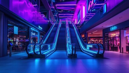 Neon illuminated escalator at night, Modern shopping mall interior with vibrant blue and purple lights, futuristic urban shopping center