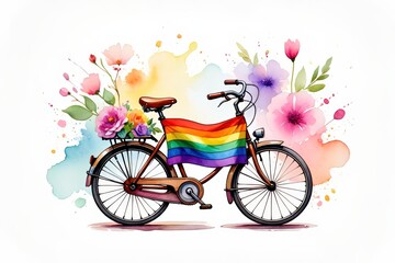 Colorful bicycle with rainbow flag and floral background