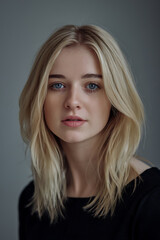 Naklejka premium Blonde woman, light skin, straight-on pose, studio portrait, calm expression. 