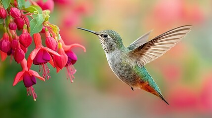   Hummingbird hovers near red & green Fuchsia flowers