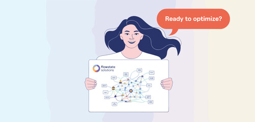 Woman examining abstract neural network diagram with question mark bubble, symbolizing problem solving, data science, and innovative thinking
