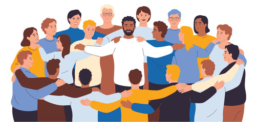 Diverse group of people standing in a circle with arms around each other, symbolizing unity, teamwork, and community support
