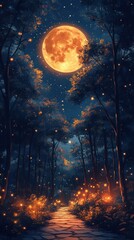 Obraz premium A mystical forest path scene with a glowing full moon illuminating a dark forest and twinkling fireflies or fairy lights. It is made in the stylized technique of pictorial brushstroke