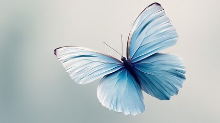   Blue butterfly in flight with wings spread open and head turned sideways