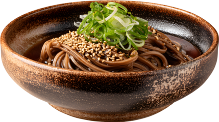 Delicious Dark Noodles in a Rustic Bowl with Sesame Seeds and Green Onions