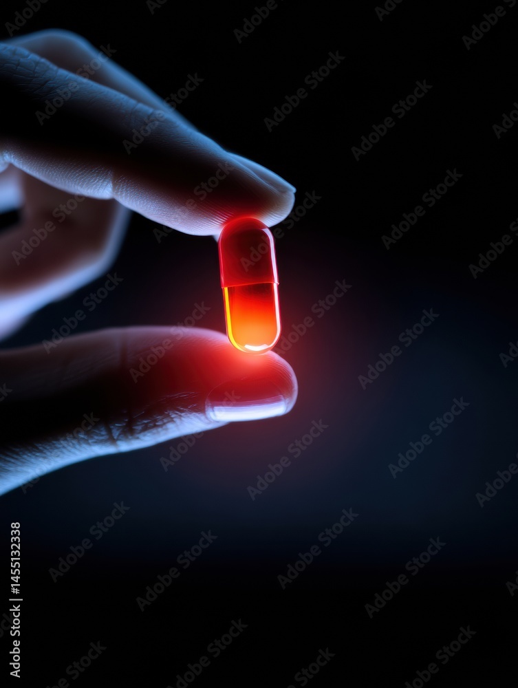 Poster hand holds glowing red pill against dark backdrop to symbolize healing and wellness in a mystical at