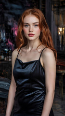Caucasian woman, standing pose, reddish brown hair, black satin dress, studio lighting, indoor setting.
