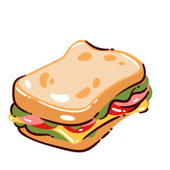Sandwich with lettuce, tomato, cheese, and ham inside golden bread slices. Fun and bright cartoon doodle style. Vector illustration for menu, cafe design, and sandwich themed food projects.ork