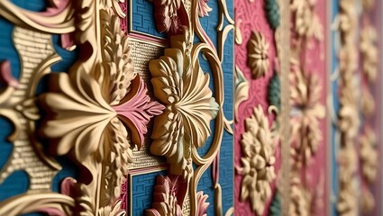 Naklejka premium Ornate floral decoration with complex patterns and textures. Detailed carvings create depth and dimension, enhanced by a blue and pink palette.
