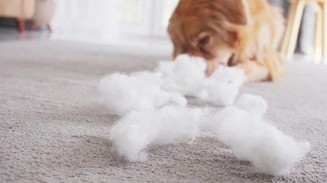 A Jack Russell Terrier and a retriever together destroy a stuffed toy, spreading white fluff on the floor.