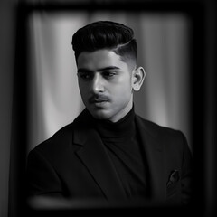 Obraz premium Dark-skinned man, profile view, wearing a suit, serious expression, studio portrait.