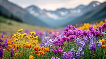 Obraz premium A field of wildflowers in front of a mountain range, snow-capped in the distance
