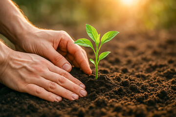 Fototapeta premium Caucasian Hands Planting a Green Seedling in Fertile Soil
