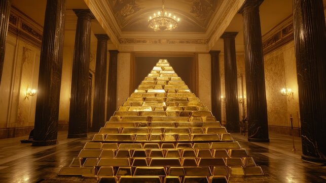 Grand pyramid of gold bars in luxurious marble hall with majestic columns and chandelier