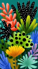 Naklejka premium Vibrant artistic rendering of tropical flowers and foliage with colorful leaves and unique dotted patterns against a dark background