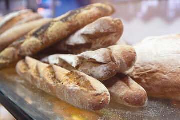Freshly baked baguettes on display