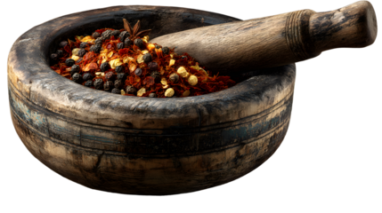 Wooden Mortar and Pestle with Mixed Spices and Herbs