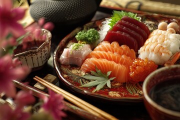 A delectable assortment of fresh sashimi, artfully arranged on a rustic plate. The vibrant colors and textures make it a feast for the eyes.