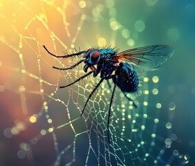 A fly caught in a spiderweb. AI.