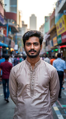 Fototapeta premium Man, light brown skin, dark hair, straight pose, Indian, street scene, urban setting.