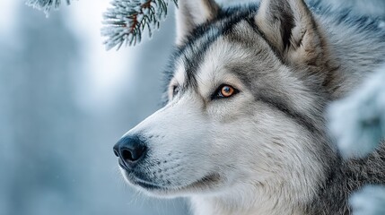 Naklejka premium A close-up of a dog's face, surrounded by a pine branch in the foreground and snow in the background