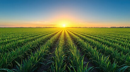 Sunrise over a vibrant young field.  Detailed view of rows of lush green plants
