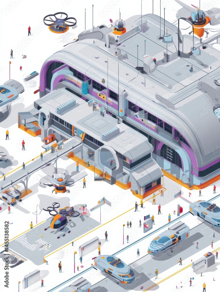 Poster futuristic isometric airport showcasing autonomous drones and advanced transportation technology in 