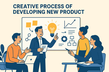 Creative process of developing new product. Vector illustration of brainstorming session, idea generation, and team planning. Suitable for startup concept and marketing.