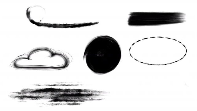 Set of 7 black doodle hand drawn paint brush strokes. Sketch scribble grunge charcoal geometry shapes and lower thirds on a transparent alpha channel. Place for text.
