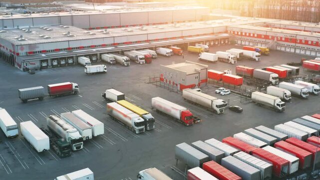 Logistics Center With Semi-Trailer Trucks Standing at Warehouse Ramps for Loading and Unloading Goods. Distribution Hub, Aerial View at Sunset