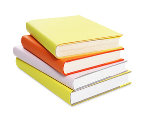Stack of colorful books on white background