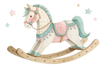 Charming Rocking Horse for Whimsical Nursery Decor and Playful Childhood Memories Adorable wooden toys in soft pastel colors, isolated on transparent background - generated by ai