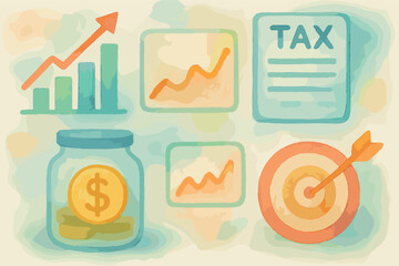 Soft watercolor illustration with abstract financial icons like savings charts, tax forms, and investment targets, designed for modern planners and strategy documents