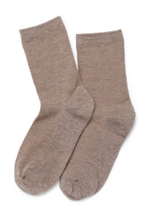 Pair of brown socks isolated on white, top view