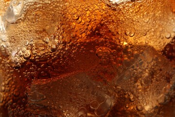 Refreshing cola with ice as background, macro view