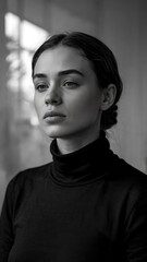 Thoughtful woman with light skin, pensive pose, dark hair, dressed in a turtleneck sweater. Studio shot, neutral background.
