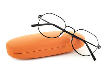 Case with stylish glasses isolated on white