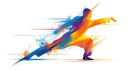 Obraz premium Dynamic silhouette of male martial artist in motion with vibrant colors