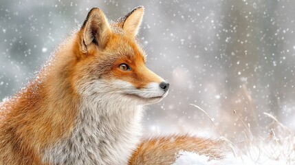 Fototapeta premium A close-up of a fox in the snow with its head turned to the side and eyes open