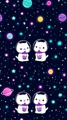 Cute cats in space suits enjoying bubble tea among stars and planets