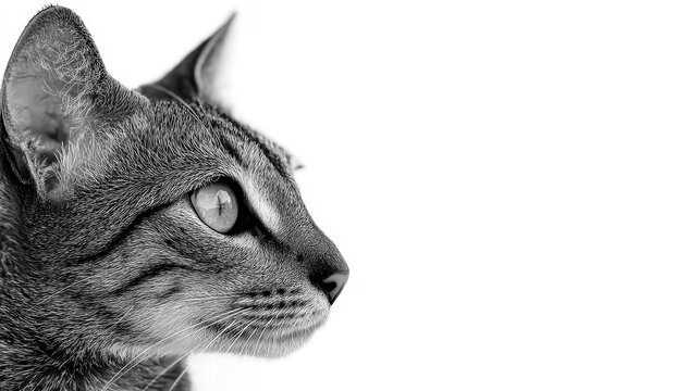 Close-up profile of tabby cat staring intently against white background